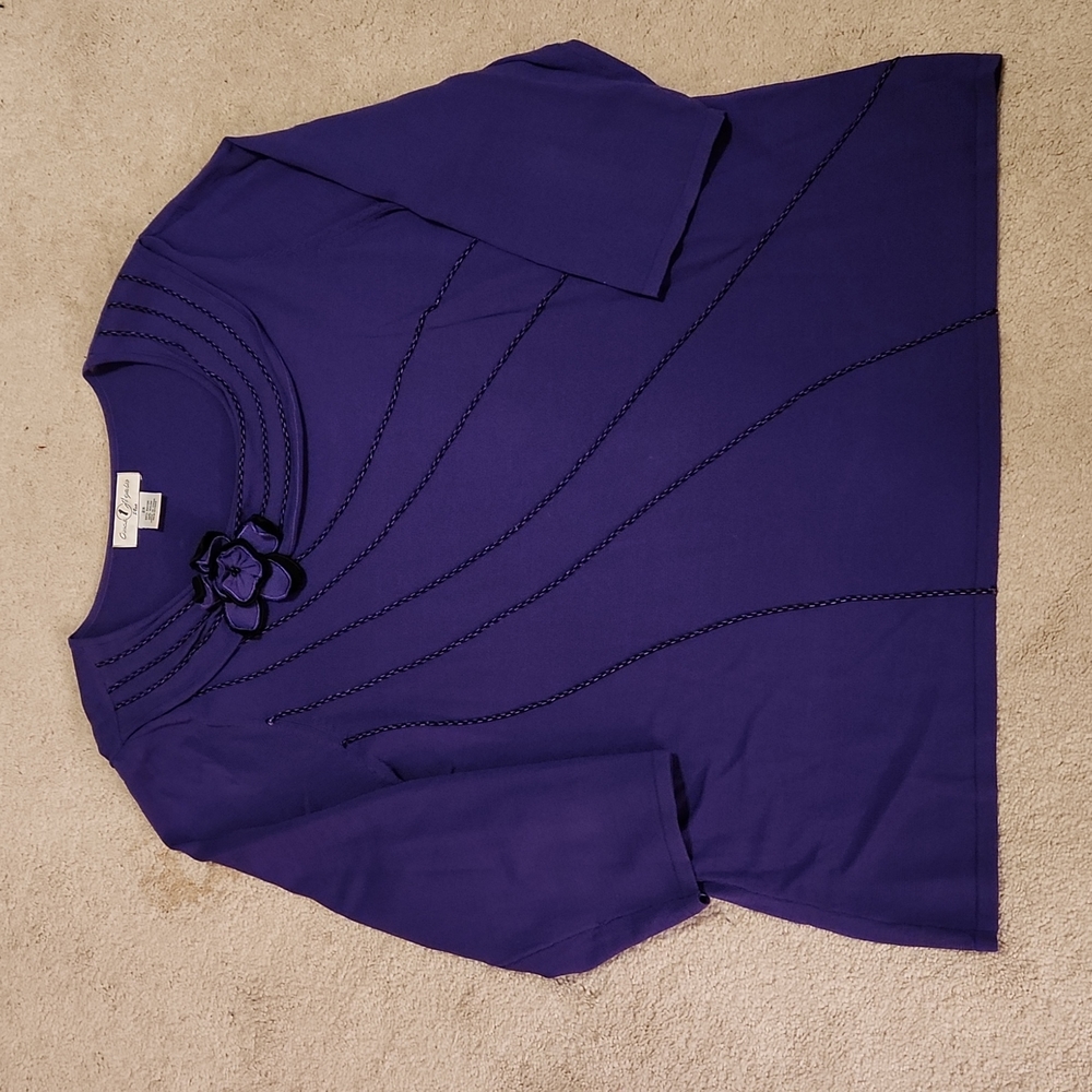Once Again Plus 3/4 sleeve knit top stitching detail & flower detail 2X W-536